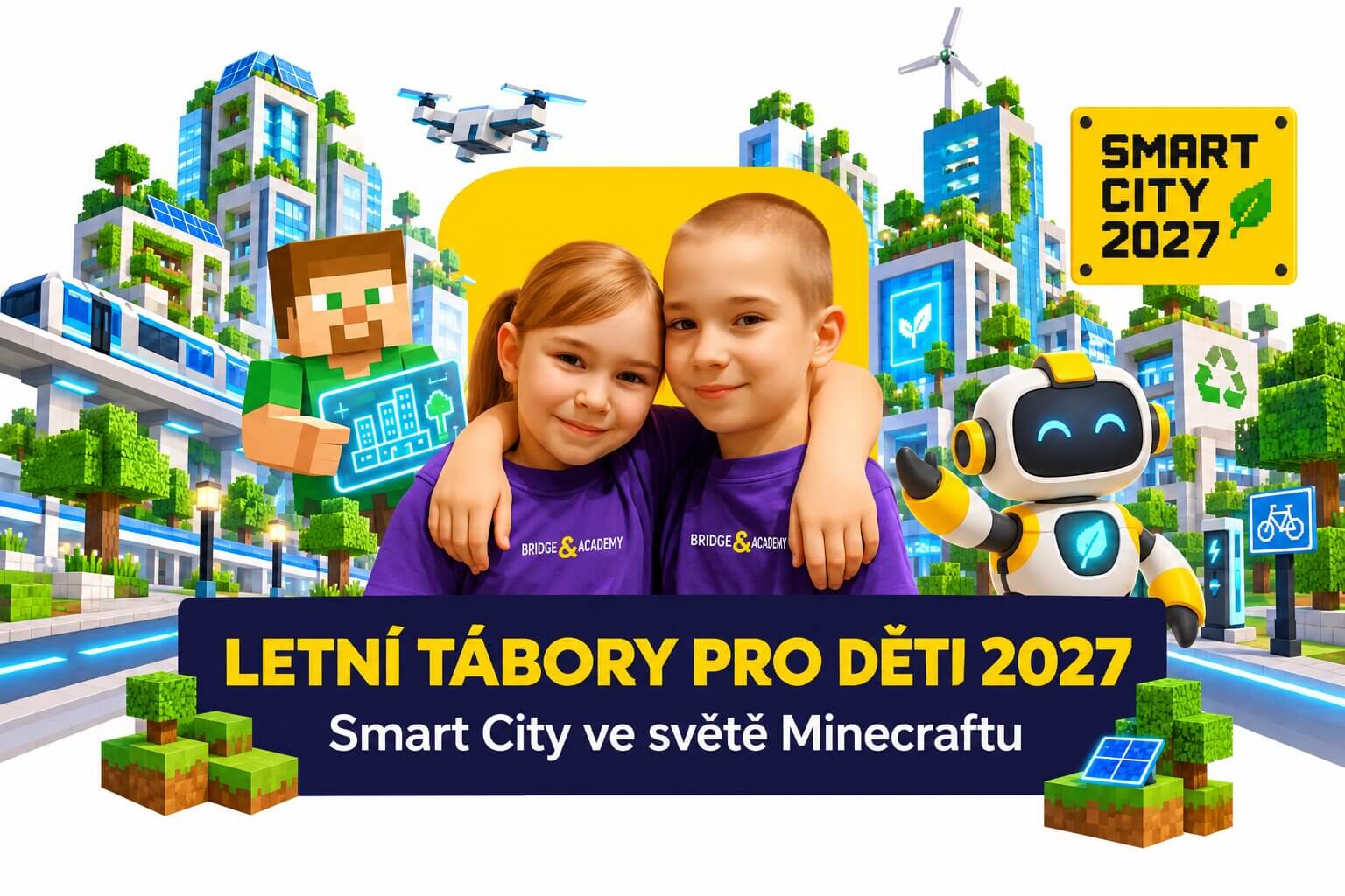 Děti na letním táboře 2027 – Smart City ve světě Minecraftu. Dívka a chlapec v fialových tričkách obklopení filmovým vybavením, robotem a postavičkami ze hry Minecraft.