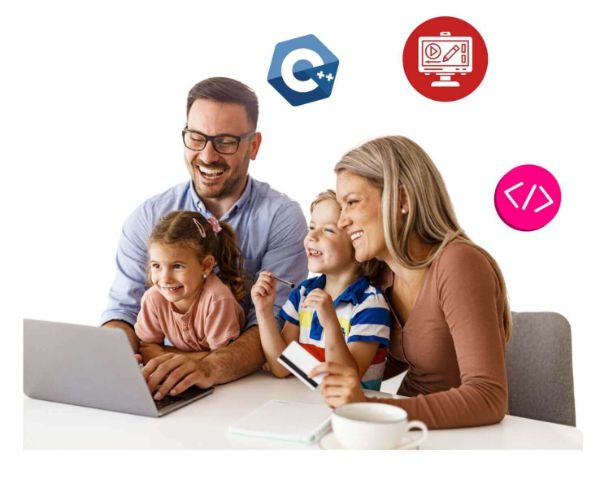 Rodiče s dítětem se učí programování v online kurzu Pythonu pro začátečníky